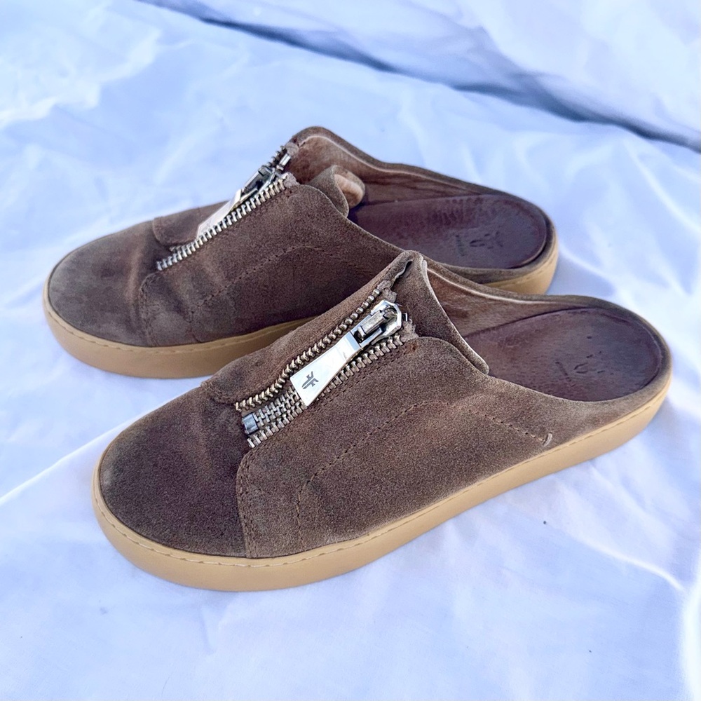 Frye Lena Zip Mule Tan Leather Suede Slides Women’s 7.5